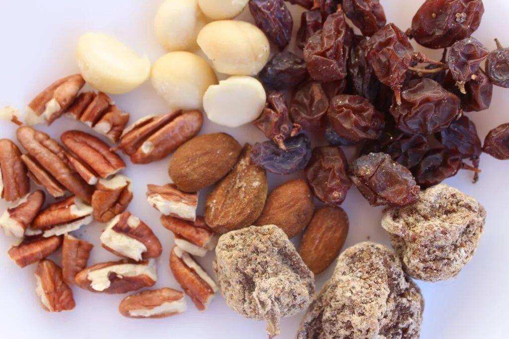 Fruits tropicaux en Andalousie : noix de macadamia, noix de pécan avec raisins secs et figues séchées