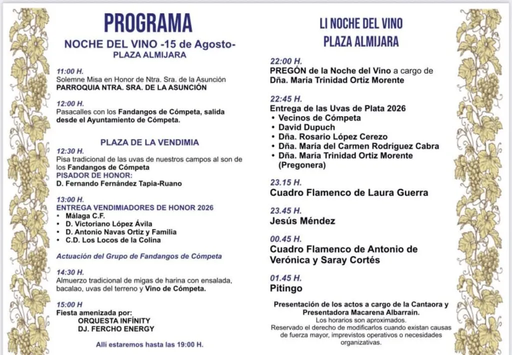 competa noche del vino 2026 programa actuaciones conciertos