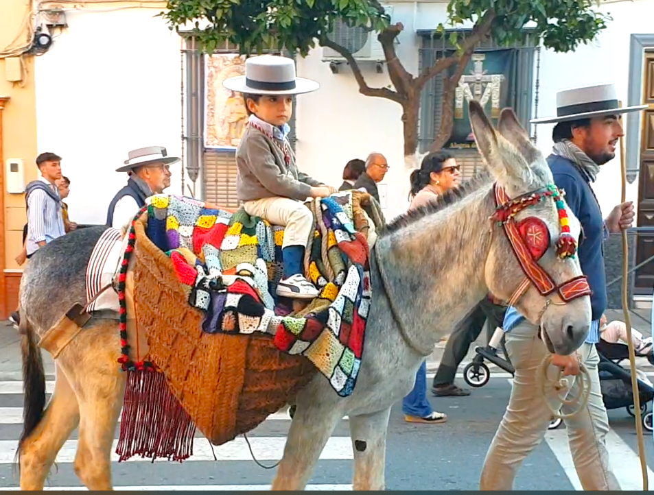romeria del Rocio con un bambino su un asino